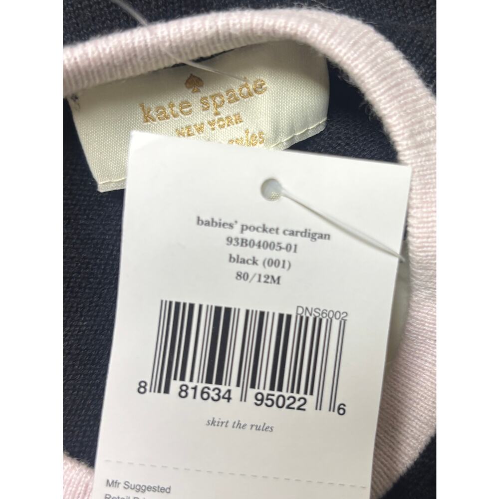 Kate Spade Baby Girl Cardigan 12M Black Pink Bow Button Pocket Cotton New - Picture 7 of 8
